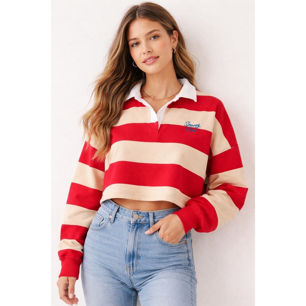Wild Fable Striped Rugby Pullover Women's Boxy Cropped Preppy Red Tan - Picture 1 of 7